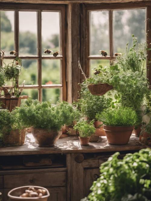 A charming French country kitchen garden filled with fresh herbs, vegetables, and buzzing bees.