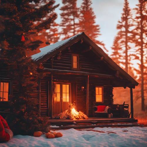 A cozy log cabin with a warm, bright red and orange fire glowing in the fireplace.