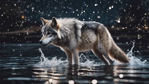 Uma foto artística de um lobo cinzento fofo espirrando em um lago cristalino à meia-noite sob o céu estrelado.