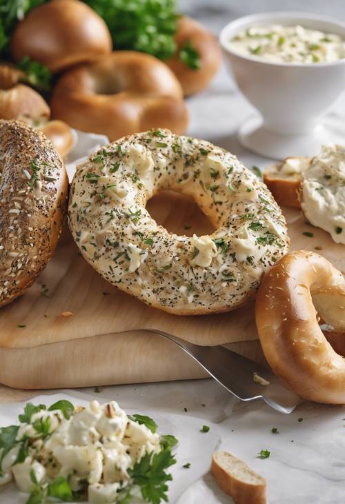 An everything bagel toasted golden brown, with a generous spread of garlic and herb cream cheese.