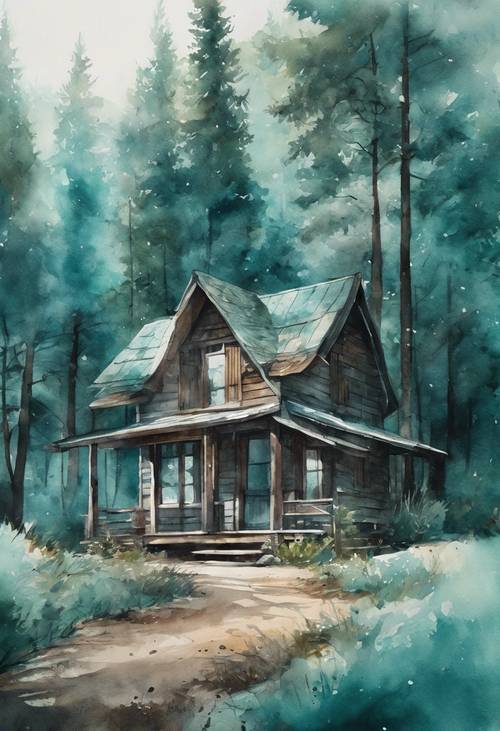 Bức tranh màu nước mòng két chi tiết về một căn nhà gỗ mộc mạc trong rừng