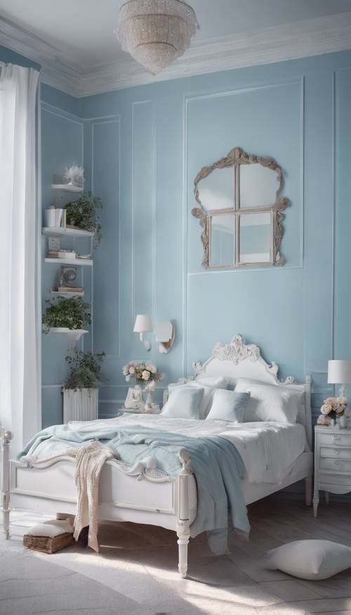 A dreamy bedroom interior featuring baby blue walls and white vintage furniture.