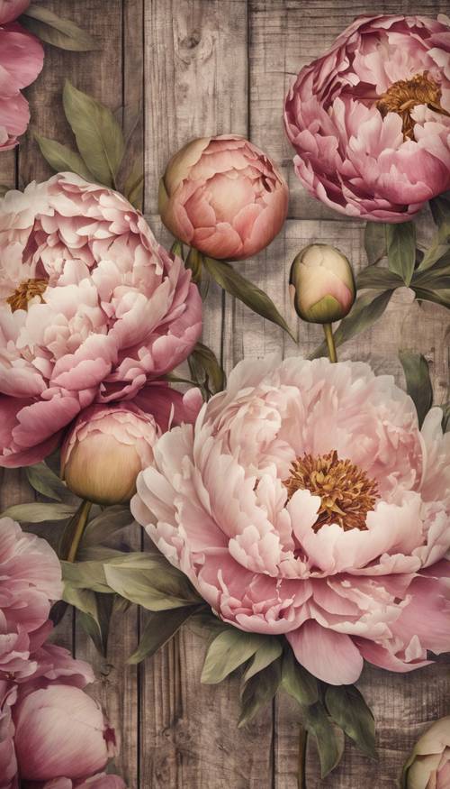 Vintage peony floral mural on a rustic wooden wall Валлпапер [62f9d620d4614710ac03]