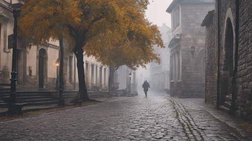 Uma manhã cinzenta e enevoada numa antiga cidade europeia, com ruas de paralelepípedos.