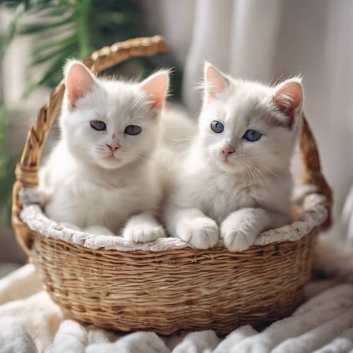 قطة أم بيضاء ترضع صغارها حديثي الولادة في سلة مريحة.