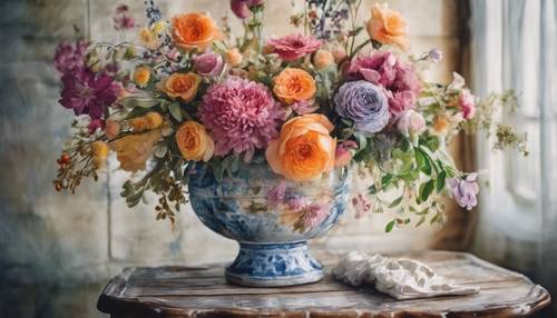Акварельная картина яркой цветочной композиции в старинной вазе на мольберте.