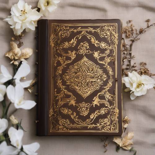 Un diario de damasco marrón bellamente encuadernado con bordes dorados.