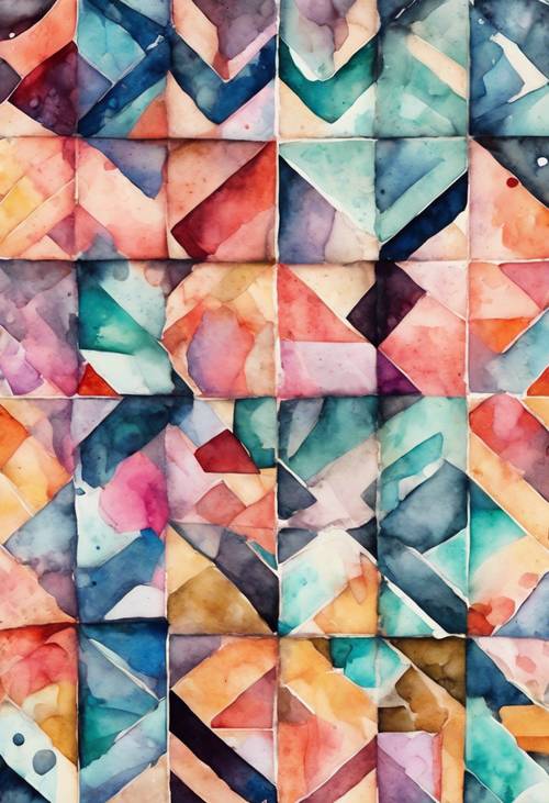A contemporary geometric pattern painted with sharp watercolor hues.
