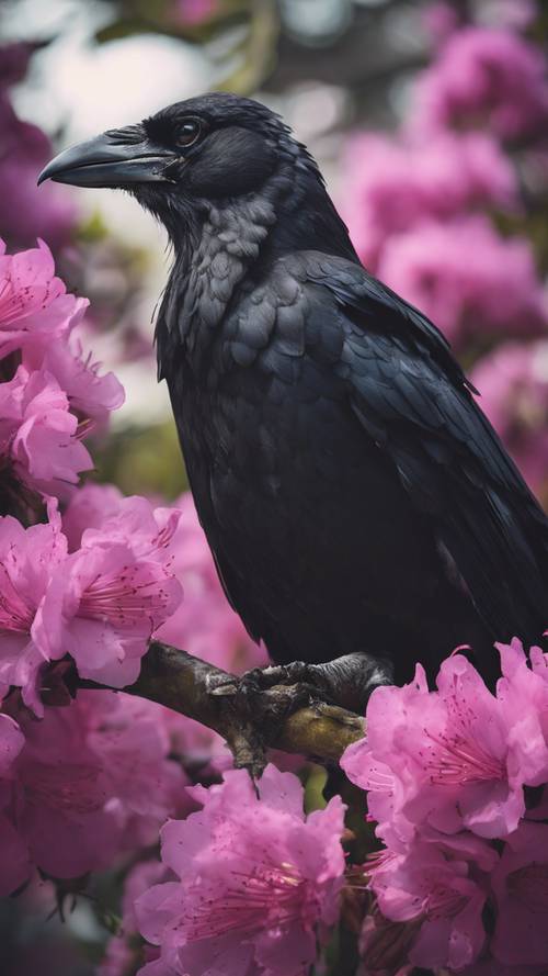一隻聰明的老烏鴉在一朵異常美麗的黑色杜鵑花的盛開的樹枝上梳理羽毛。