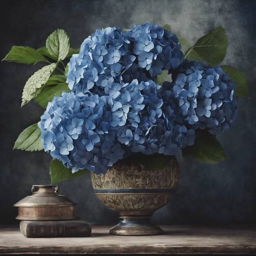 アンティークな花瓶に入った濃い青色の紫陽花の詳細なイラスト