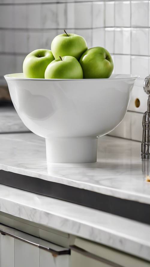A bowl of bright green Granny Smith apples staged on a spotless white kitchen counter.