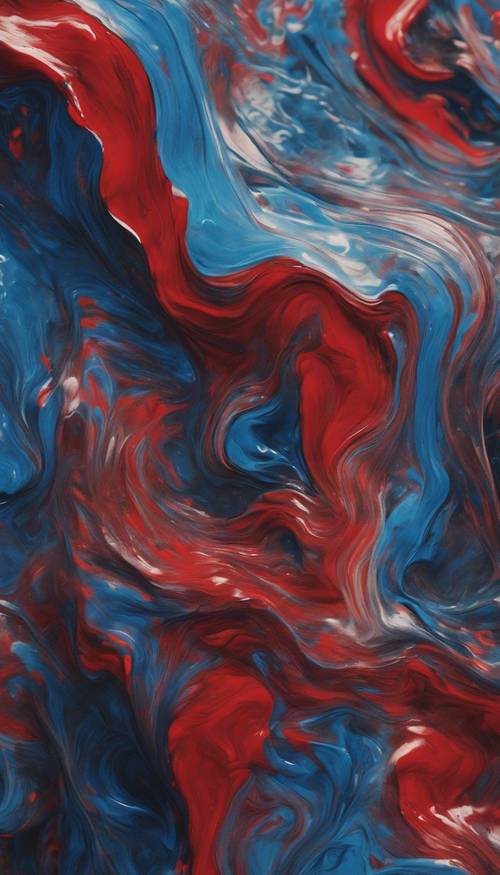 Abstrakcyjny obraz z szerokimi pociągnięciami czerwieni i błękitu wirującymi razem”.