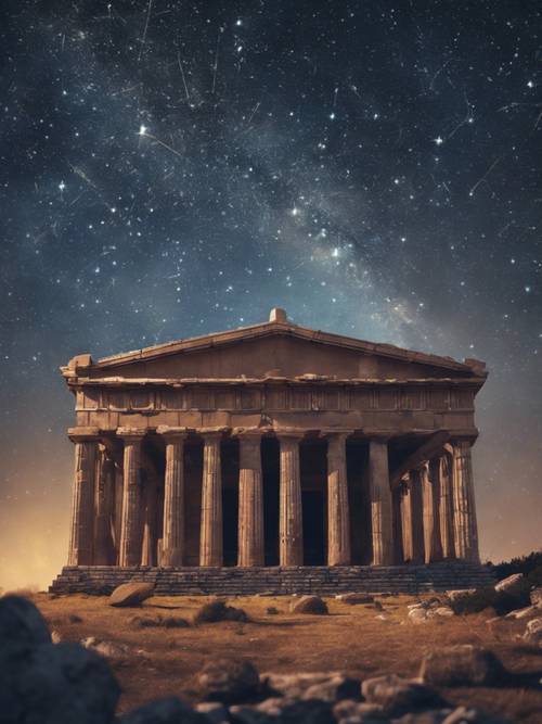 קבוצת טלה זורח בבהירות מעל מקדש יווני עתיק במהלך ליל כוכבים.