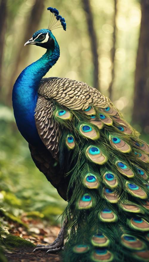 Seekor burung merak yang megah membentangkan ekornya yang berwarna-warni di hutan hijau subur.