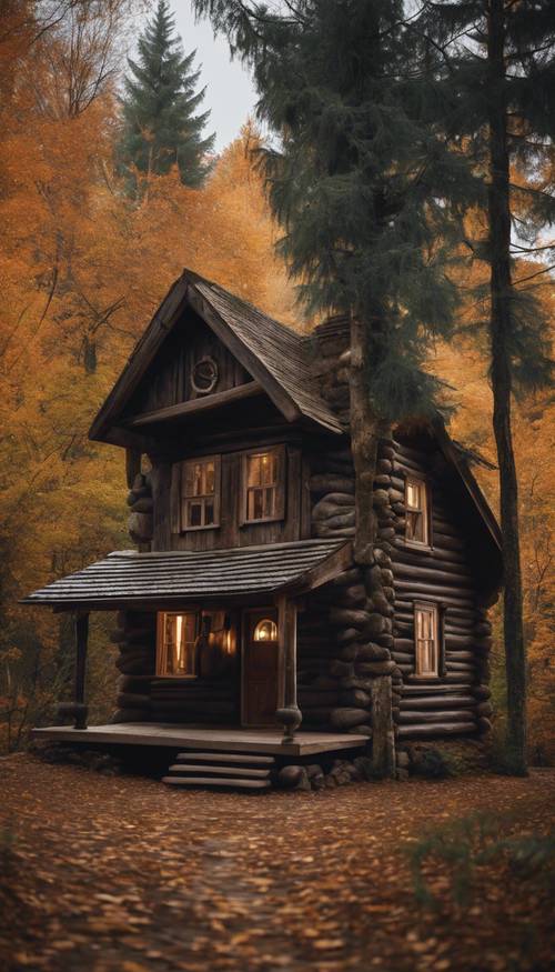Sonbaharda yemyeşil bir ormanın içinde yer alan koyu renk ahşaptan yapılmış rustik bir kulübe. duvar kağıdı [1875505b04854c6cbebd]
