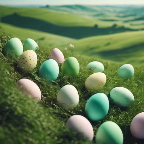 A fantastical landscape of rolling green hills with pastel Easter eggs hidden amongst them.