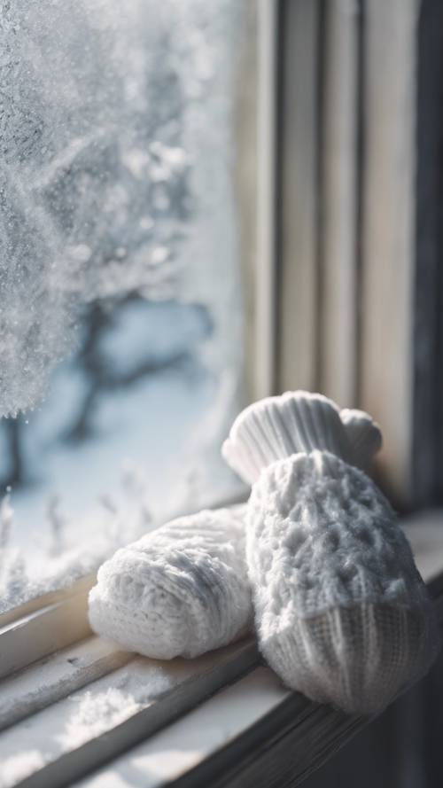 一雙白色的手套和一頂配套的帽子放在灑滿霜的窗台上。