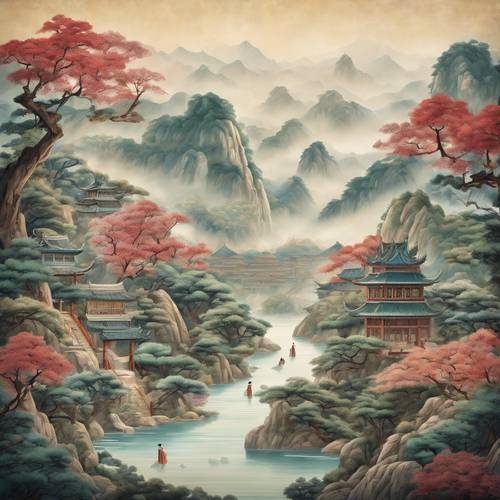 A mural in the style of antique Chinese art, depicting a tranquil scene of a humming garden surrounded by towering mountains.