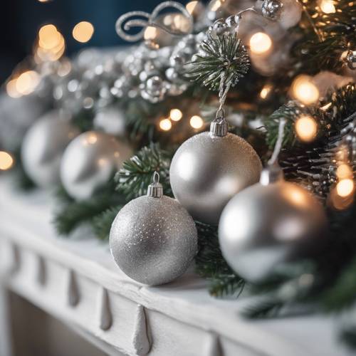 Белая рождественская гирлянда на каминной полке, сделанная из сосновых веток, присыпанных снегом и украшенная серебряными колокольчиками и лентами.