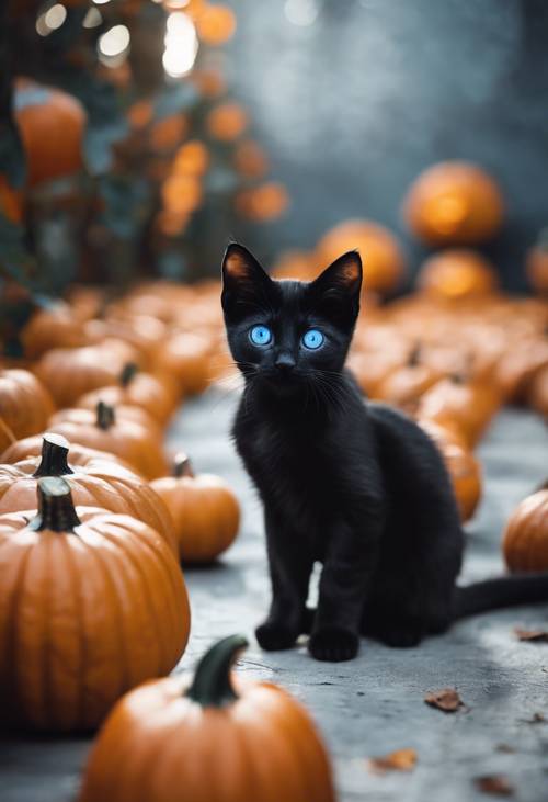 Petite black kitten with button-blue eyes amidst pumpkins, symbolizing Halloween.