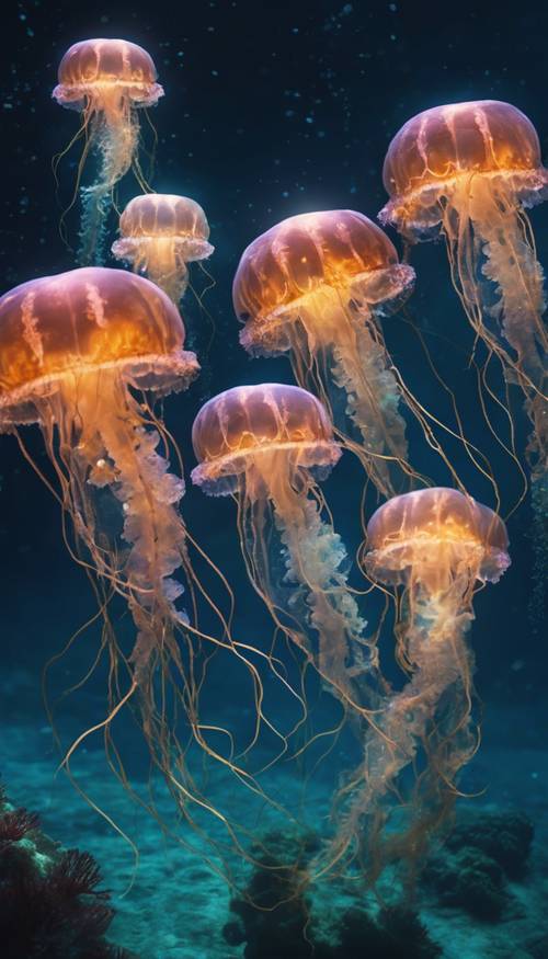 Un grupo de medusas bioluminiscentes ilumina el océano oscuro con su brillo mágico, creando una escena sacada directamente de un mundo de fantasía. Fondo de pantalla [53b362d7e2c44ba8a43a]