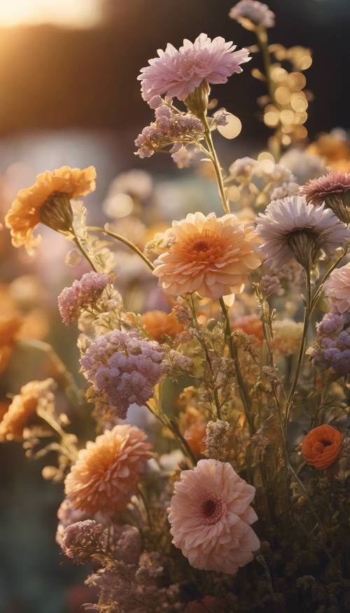 Bukiet różnorodnych kwiatów oświetlony złotym światłem zachodu słońca.
