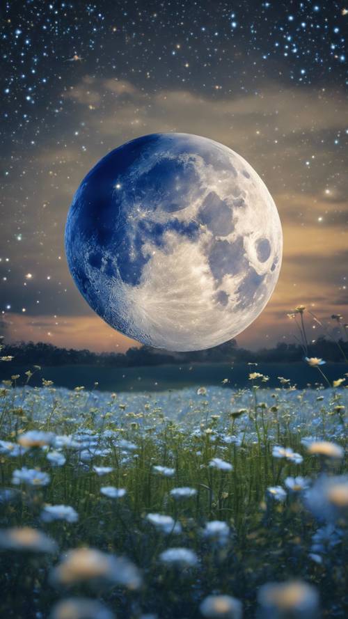 Rendu artistique d’une lune bleue parmi un champ d’étoiles.