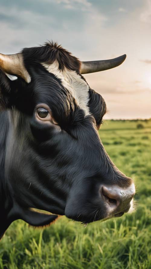 Gambar close-up sapi hitam dengan cetakan simetris dan berbeda pada kulitnya, sedang merumput dengan damai di padang rumput hijau zamrud saat matahari terbit di pagi hari.