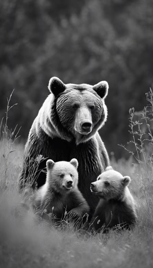 Uma foto em preto e branco de um urso brincando alegremente com seus filhotes em um prado gramado.