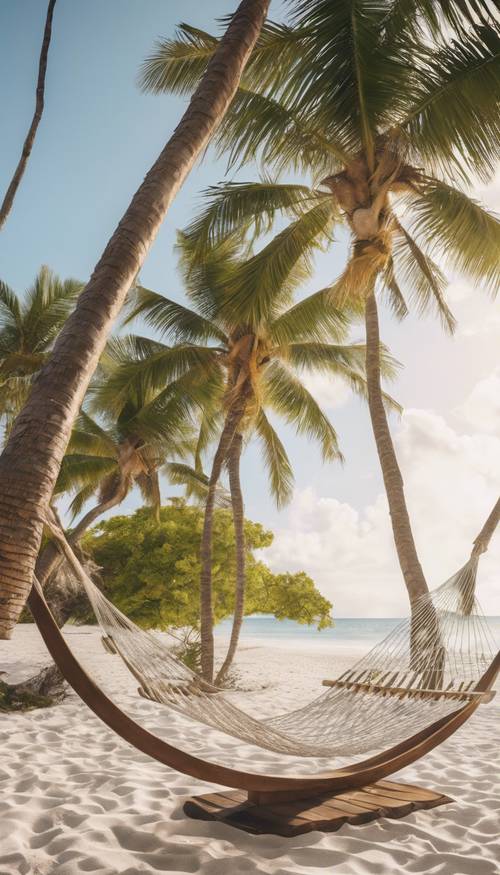 A serene image of a hammock strung between two palm trees on a white sandy beach, overlooking the gentle waves of the sea.