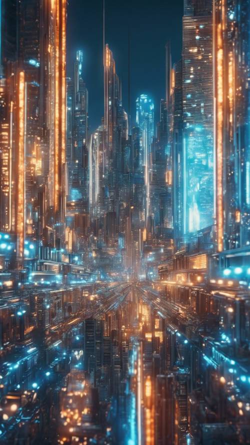 Une image fascinante d’un horizon urbain futuriste éclairé par des lumières bleues argentées.