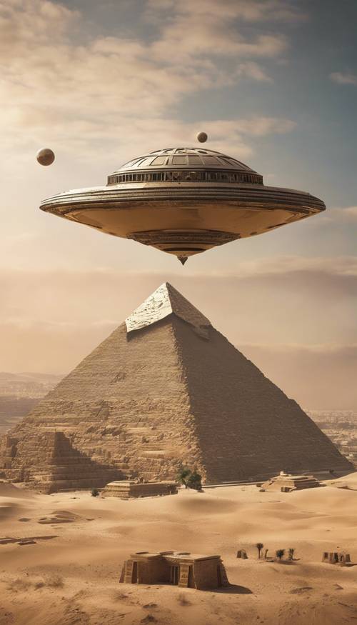 Uma nave espacial esférica pairando sobre as pirâmides do Egito.
