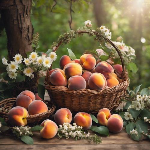 A still-life of a fruit basket with peaches and assorted flowers having a rustic woodland backdrop.