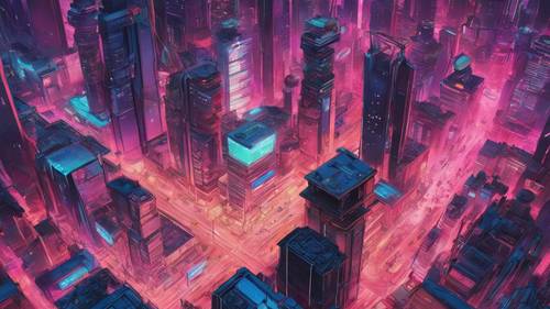 A bird's eye view of a brightly lit cyberpunk metropolis teeming with detailed skyscrapers.