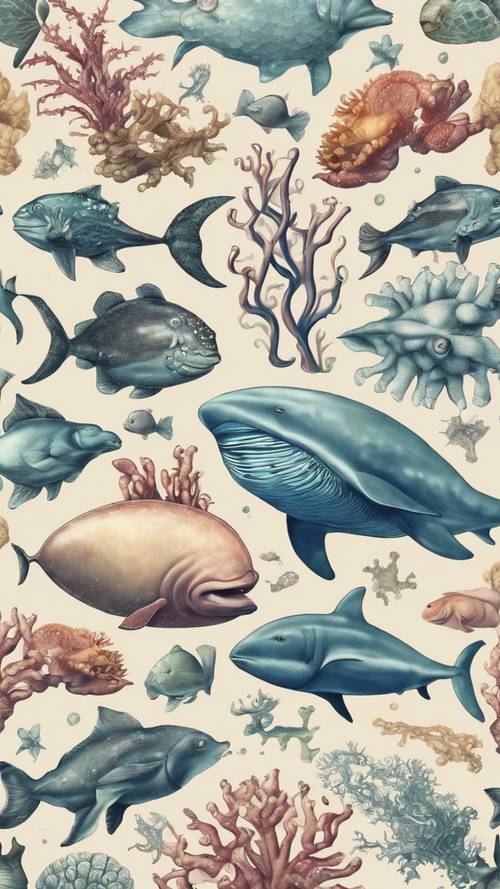 海の生き物がたくさん描かれたかわいい壁紙