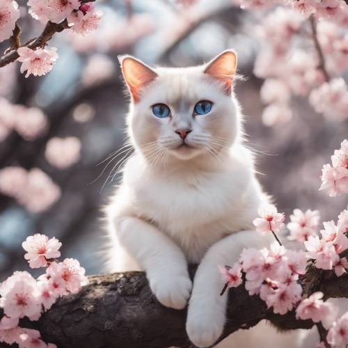 Şaşkın bir beyaz Siyam kedisi, çiçek açan bir Sakura ağacının altında düşen kiraz çiçeklerini izliyor.
