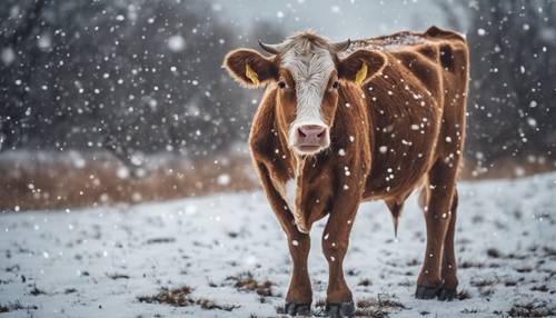Юная коричневая корова, гарцующая под снегопадом зимним вечером.