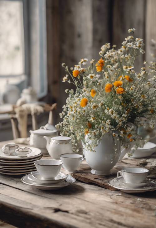 A modest weathered wooden table set with antique bone china dishes and fresh wildflowers in a cottage home.