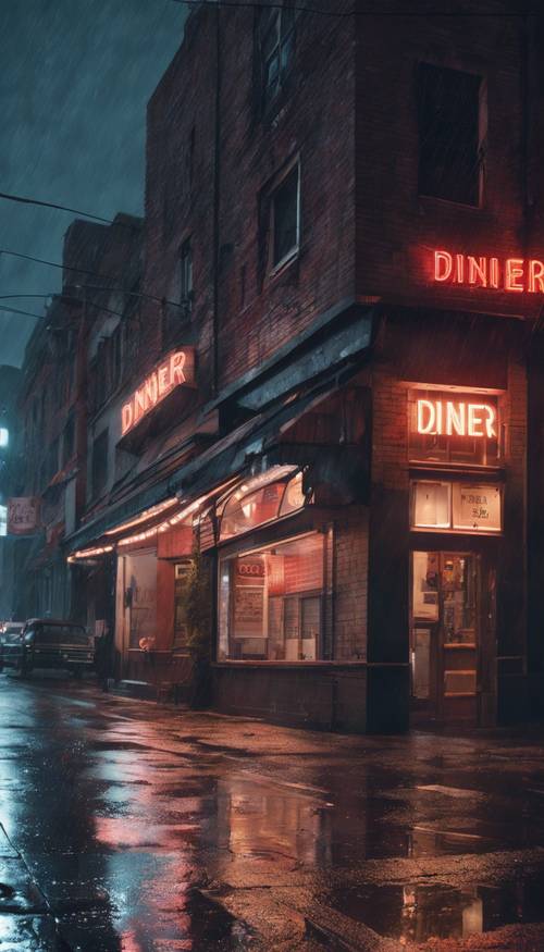 A neon sign saying 'diner' in a dark, rainy street. Divar kağızı [a1b7aed61bd24083982a]