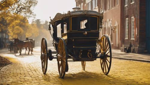 Una visione cinematografica di una carrozza a cavalli in fuga che accelera su una strada di mattoni gialli in una vecchia città occidentale.