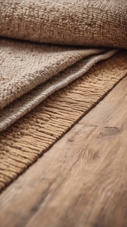 Gambar fokus lembut dari permadani linen berwarna tanah di lantai kayu yang hangat.