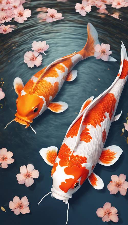 Seekor ikan koi berwarna oranye dan putih berenang di kolam bersih dengan bunga sakura berjatuhan.