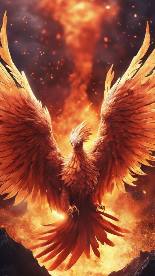 Phoenix legendaris bergaya anime terbang dari abu, di bawah gunung berapi yang menderu.
