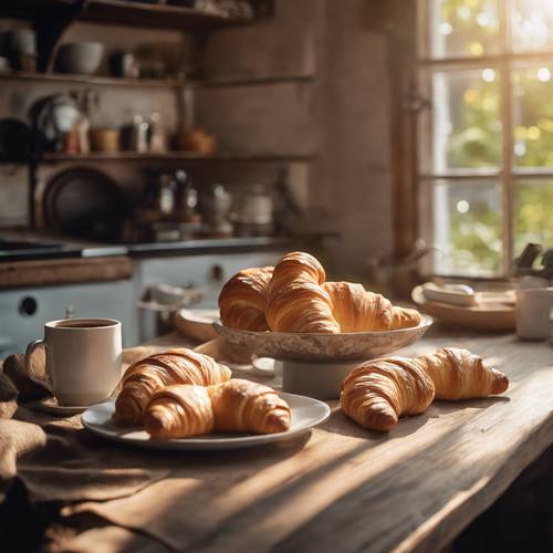 Eine sonnendurchflutete Frühstücksecke in einer rustikalen Küche mit einer dampfenden Tasse Kaffee und frisch gebackenen Croissants, ein perfekter Sommermorgen. Hintergrund [546bd09448c141aba671]