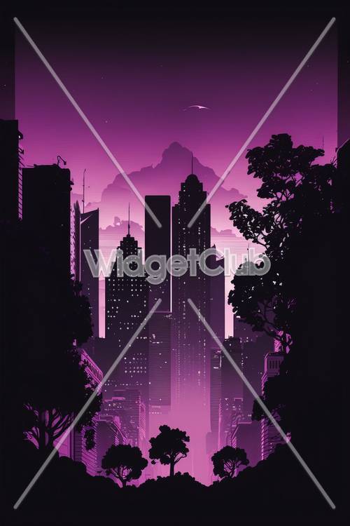 Purpurowa panorama miasta o zmierzchu