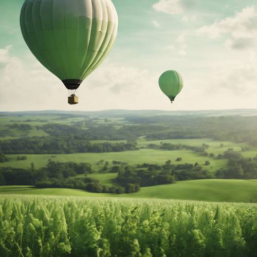 Um balão de ar quente branco flutuando levemente sobre uma paisagem pintada em vários tons de verde.