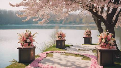 A beautifully decorated spring wedding altar set at the edge of a serene lake with blooming sakura trees.