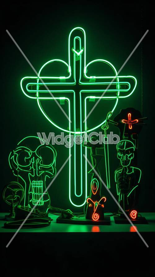 Arte al neon con croce e teschi