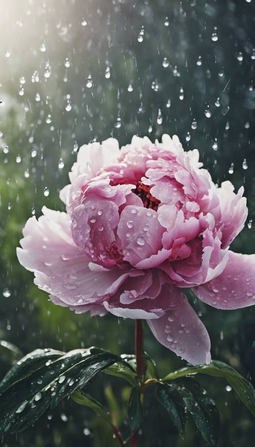 Zbliżenie kwiatu piwonii całowanego przez krople deszczu.