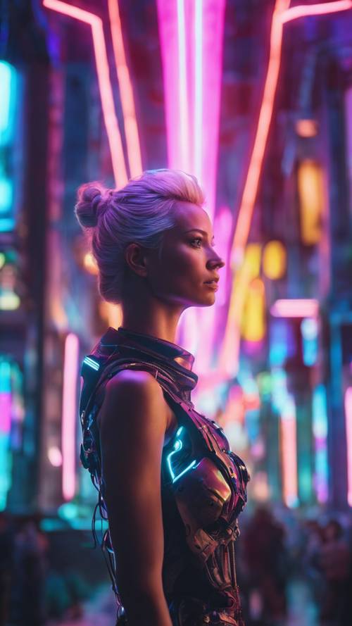 Eine Frau in einer futuristischen Stadtlandschaft, ihre kybernetischen Implantate leuchten unter den bunten Neonlichtern.